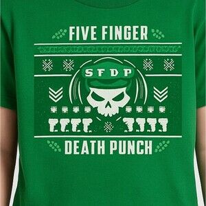 Five Finger Death Punch Band Tee Green Skull Logo T-Shirt Boys Unisex Medium
